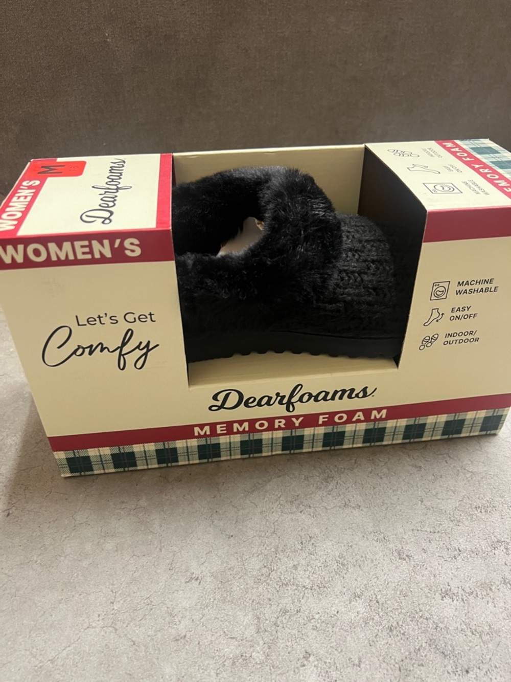 dearfoams Black Faux Fur Knit Slip-On Women's Slippers